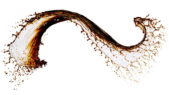 Dark brown liquid splash with droplets frozen in motion