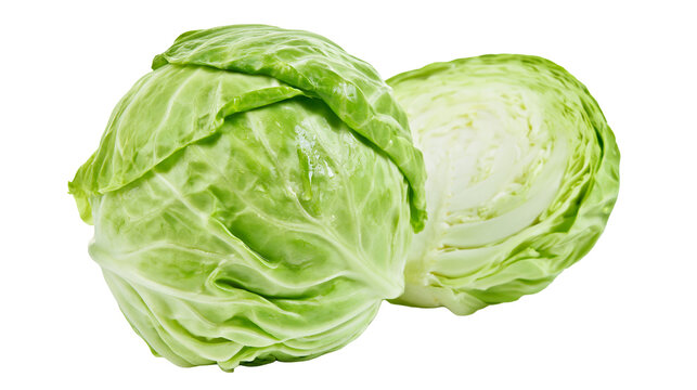 Fresh green cabbage whole and halved, showing crisp leaves and white core
