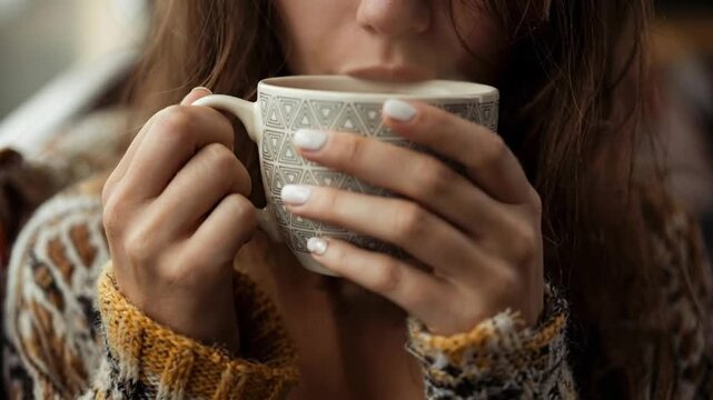 Person holding a warm ceramic cup of coffee on a chilly day.