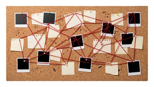 Intricate web of red string connecting various photos and notes on a cork board, symbolizing a complex investigation or problem-solving process, with blank spaces for additional clues