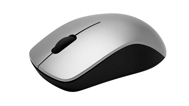 Silver and black wireless computer mouse with scroll wheel