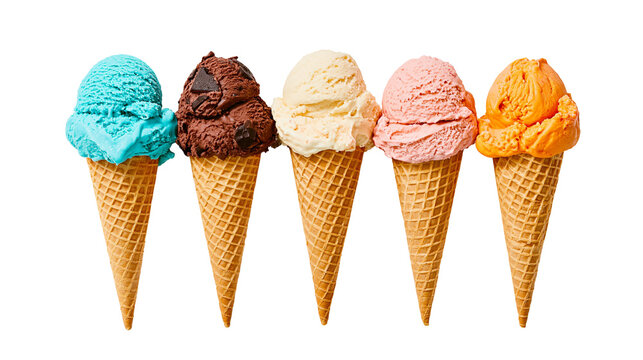 Five ice cream cones with different flavors in waffle cones