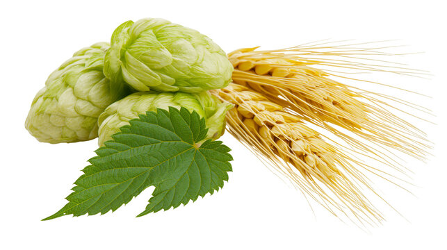 Green hops cones and golden wheat ears with leaf
