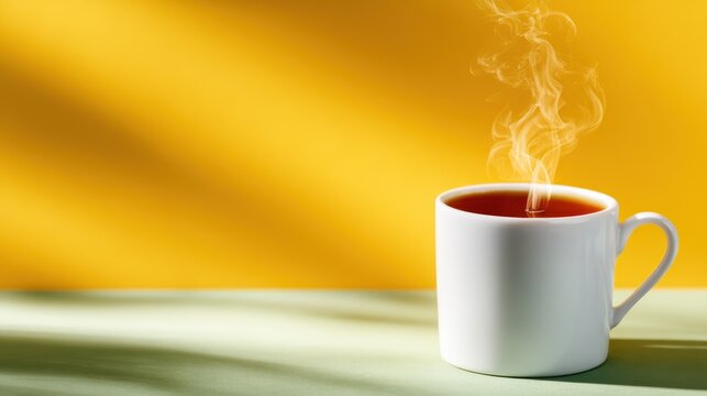 This picturesque image captures a white steaming cup of tea set against a vibrant yellow background, conveying warmth, comfort, relaxation, and the simple pleasures of life.