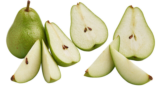Whole green pear with water droplets and cut slices