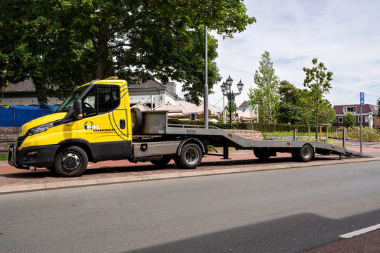 Alkmaar, Netherlands - June 1, 2026: POL Hoogwerkers Iveco Daily machine transporter tow truck