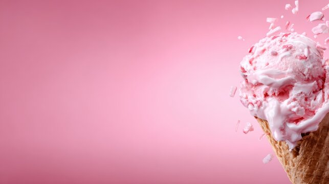 This appetizing image showcases a generous scoop of pink strawberry ice cream overflowing from a crispy cone, perfectly framed against a soft pink background for a sweet treat indulgence.