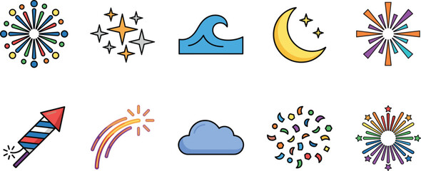 Celebration icons with fireworks shooting stars crescent moon and waves on a white background © Mdjillur