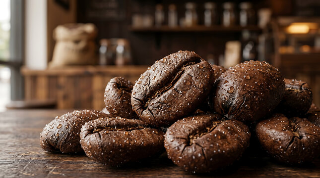 Freshly baked chocolate donuts with sugar dusting on wooden table in rustic kitchen setting
