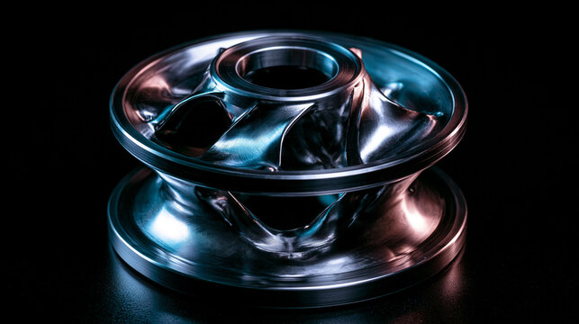 impeller. Stainless steel impeller with metallic reflections under industrial lighting. safety posters, maintenance manuals, designed for precision metalworking and fabrication facilities.