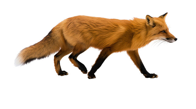 Red fox walking with bushy tail and black legs