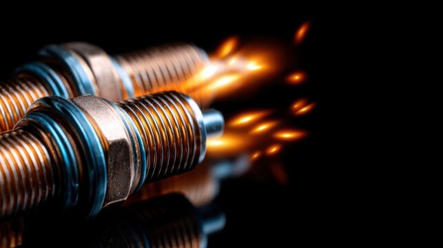 Dynamic close-up of spark plugs in action, emitting bright sparks and flames, highlighting the power and precision behind engine performance in a striking black background.