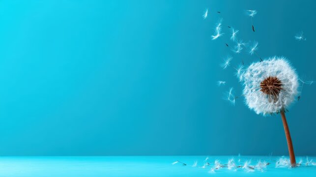 A delicate dandelion seed head caught in the soft breeze, with seeds gracefully floating away, symbolizing fragility and the beauty of nature's lifecycle in a vibrant setting.
