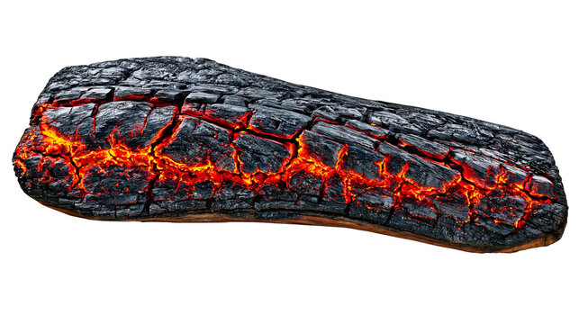 Glowing hot embers in cracked burnt wood log