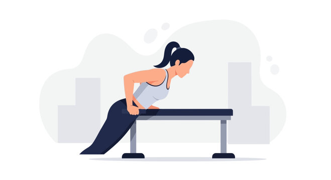 Woman Performing Bench Dips for Triceps Workout - Flat Design Vector Illustration