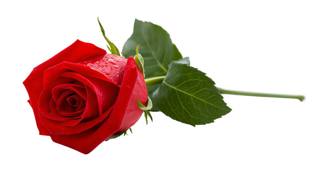 Red rose with water drops and green leaves