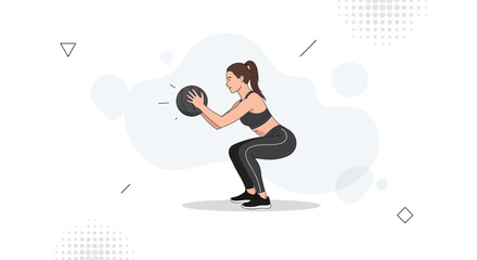 Fototapeta premium Woman Performing Medicine Ball Squat Exercise, Fitness and Workout Illustration