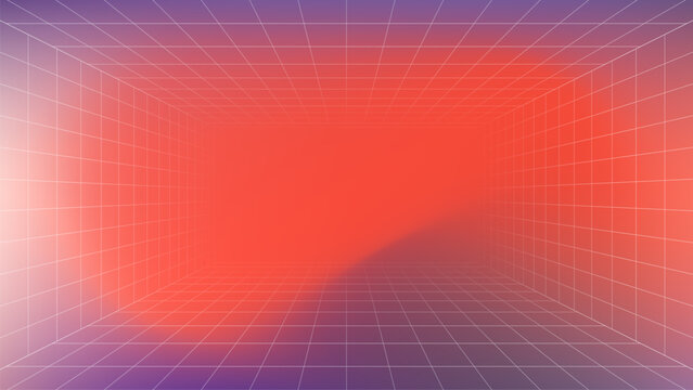 Abstract retro 80s synthwave background with a perspective grid and vibrant red and purple gradient