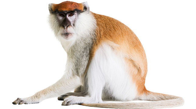 Patas monkey with orange white, and gray fur sitting