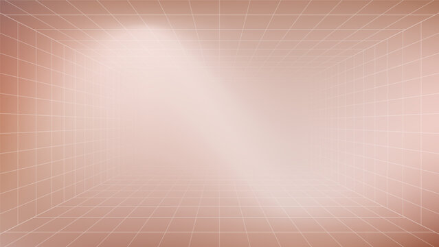 Abstract rose gold background with a perspective grid pattern, digital illustration of a room interior with soft lighting