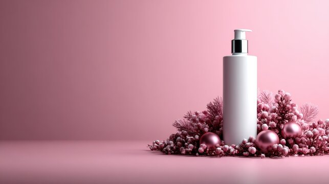 A sleek white pump bottle is elegantly placed among pink decorations, creating a visually pleasing and modern aesthetic suitable for beauty and personal care products.