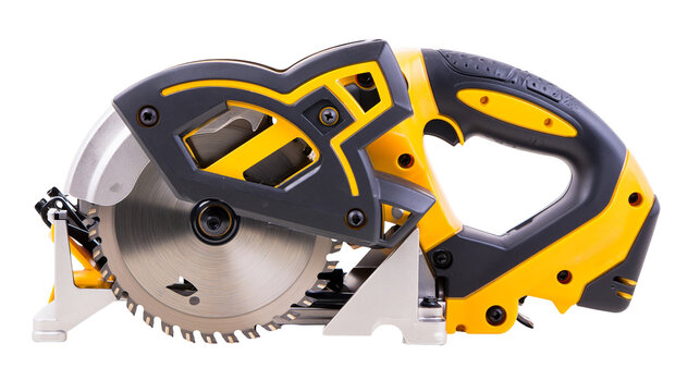 Cordless circular saw with yellow and black housing and metal blade