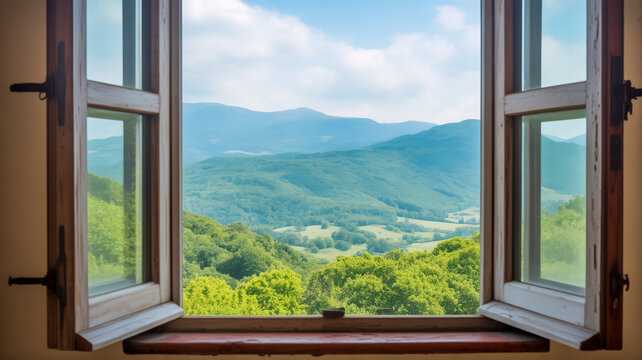 A serene landscape view through an open wooden window
