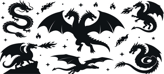 Fototapeta premium Mythical dragon silhouette vector illustration set with two headed dragon fire breathing serpent flying creatures and stars isolated on white background