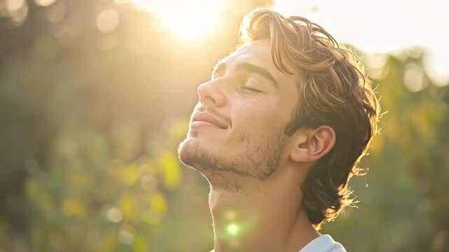 A young man looks upward with a peaceful expression in the warm sunlight