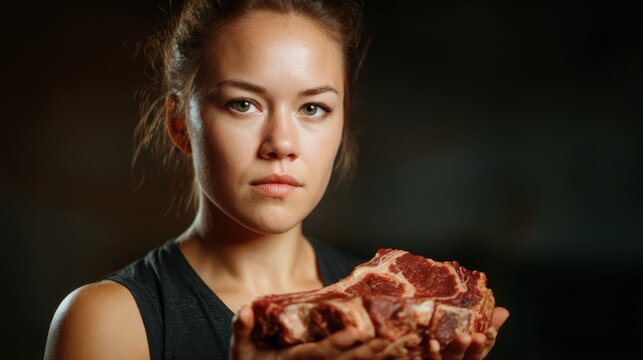 A strong and confident woman gazes intensely at the camera while holding a fresh steak, highlighting themes of empowerment, food culture, and individuality in a striking portrait.