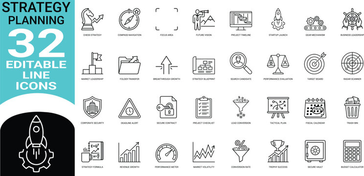 Strategy planning set of thirty two black line featuring business symbols like chess pieces compasses rockets gears targets and charts on a white background for corporate management concepts