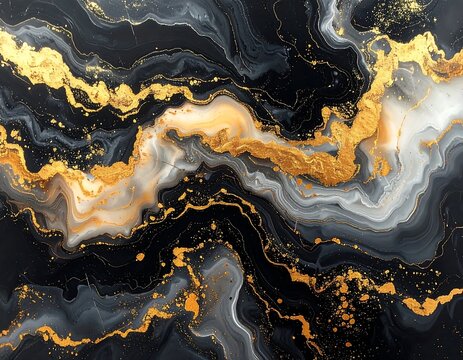 Flowing Black Gray and Gold Marble Pattern in Abstract Fluid Art Background