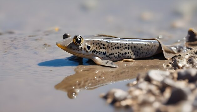 Photorealistic mudskipper fish walking on mangrove mud flat, extreme close up with bizarre nature