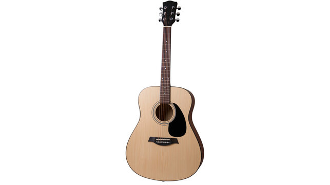 Acoustic guitar with light wood body and black pickguard