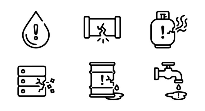 Hazard Icons: Leaking Water, Broken Pipe, Gas Leak, Damaged Server, Spill Barrel, Dripping Tap, Warning Symbols, Vector Set