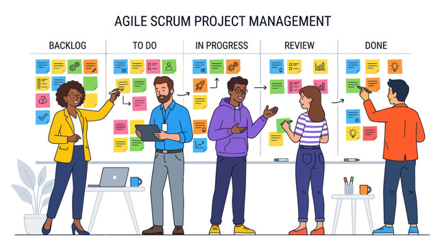Diverse business team collaborating at agile scrum project board.