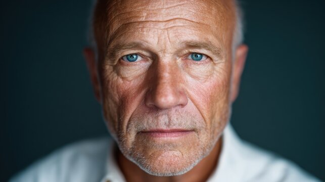 A close-up portrait captures the expression of an older man, showcasing his deep blue eyes and thoughtful demeanor, conveying wisdom and life experiences.