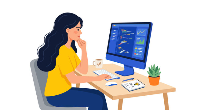 Female programmer writing code on computer screen at office desk.