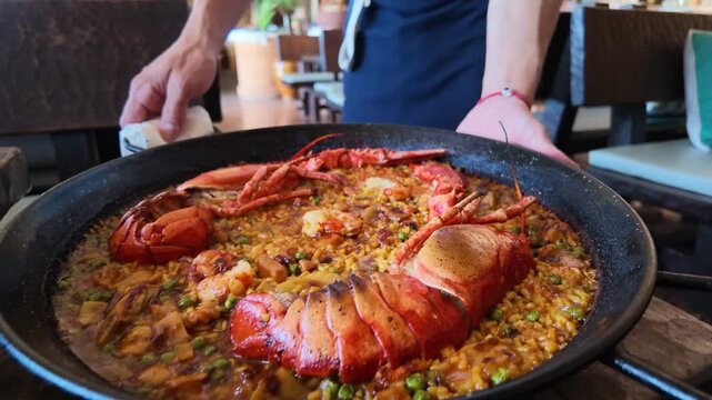 Mallorca Spain Europe. 01.06.2026. Video. A close-up view of a vibrant seafood paella dish featuring succulent lobster tails and green peas, presented in a rustic pan on a wooden table