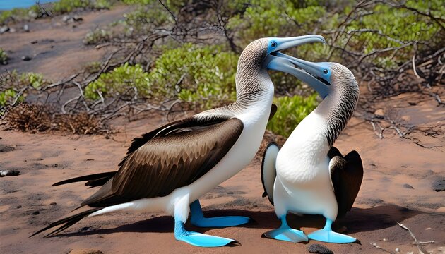 Photorealistic blue-footed booby courtship dance, feet display with Galapagos, documentary wildlife