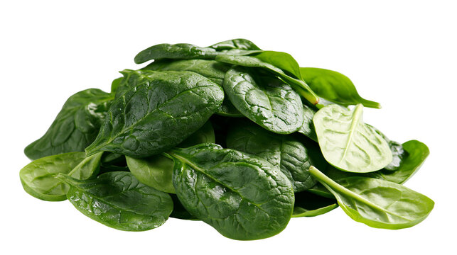 Pile of fresh green spinach leaves with water droplets