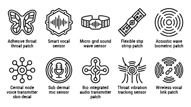 Smart vocal sensor and bio integrated audio transmitter patch icon set.