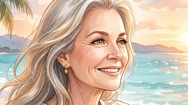 美しい海辺の風景を背景に微笑むシニア女性を描いたライフスタイルイメージです。
穏やかな表情が健康的で前向きなセカンドライフを表現しています。
