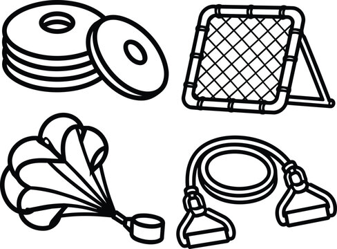 Football training equipment icon set featuring marker discs, rebounder net, shuttlecock and resistance band