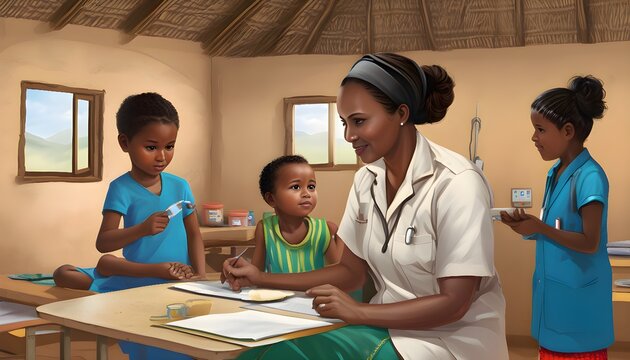 Photorealistic community health worker measuring child malnutrition with MUAC band in rural clinic