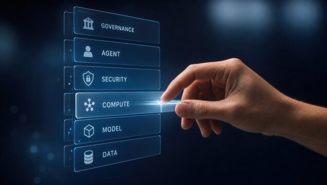 Full-Stack AI Control - Hand aligns layered AI stack elements&mdash;data, model, compute, security, agent, governance&mdash;in a seamless, minimal digital interface for unified control.