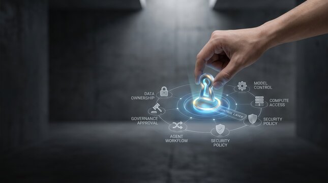 Full-Stack AI Control - A hand places an ownership marker at the center of an AI stack diagram showcasing layers like data, model, compute, security, agents, and governance.