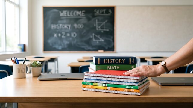 Organized teacher desk with books in empty classroom