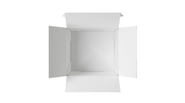 Open white cardboard box with flaps extended