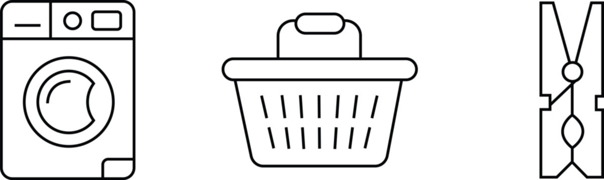 Set of three washing machine laundry basket and clothes peg line art icons. Editable thin outline packs. Vector illustration